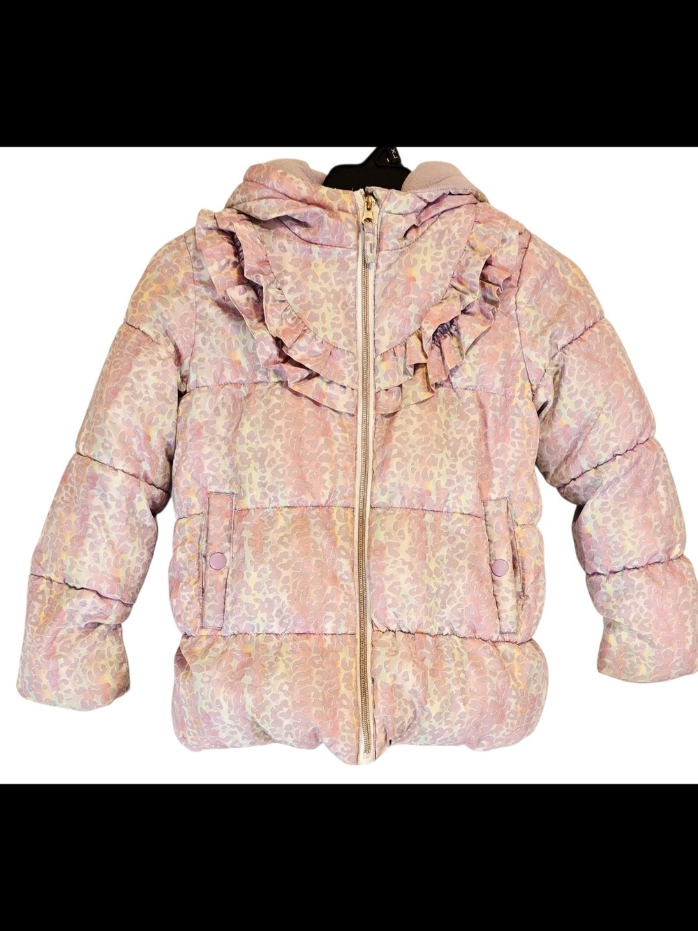 Wippette Pastel Pink Leopard Ruffle Hooded Puffer Jacket